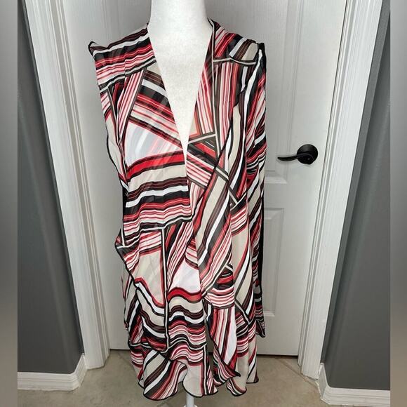 Chicos Long Open Vest Size 1 Womens Small Sheer Black Red Tan Stretch Back MED - Picture 4 of 14